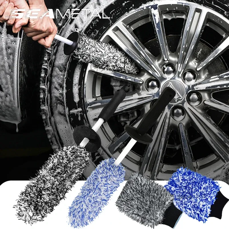 SEAMETAL – Brosse de lavage pour voiture en microfibre, gant de nettoyage avec poignée en plastique, brosse pour jantes, gant de nettoyage absorbant double face, outil de lavage automobile