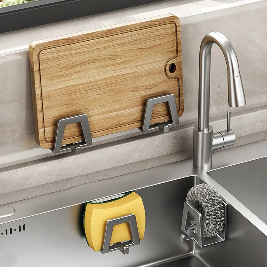 Porte-éponge adhésif en acier inoxydable avec égouttoir, organisateur de rangement pour plan de travail de cuisine 2