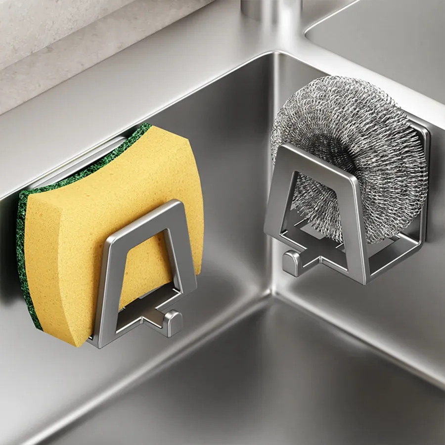 Porte-éponge adhésif en acier inoxydable avec égouttoir, organisateur de rangement pour plan de travail de cuisine 3