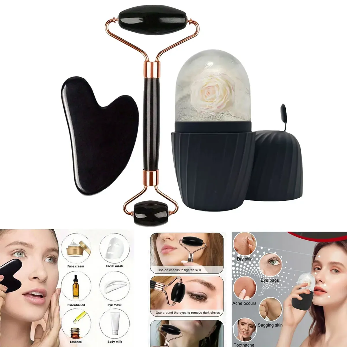 Ensemble de rouleaux faciaux en glace (1, 2 ou 3 pièces) avec moule Gua Sha, outil de massage du visage