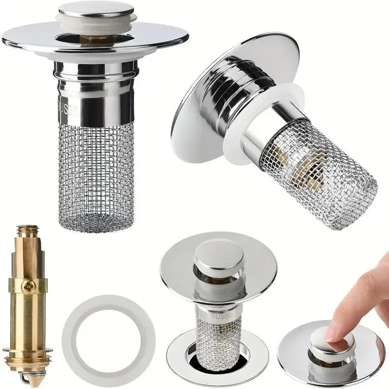 Bonde à panier escamotable pour lavabo de salle de bain, filtre de vidange universel en acier inoxydable avec attrape-cheveux 1