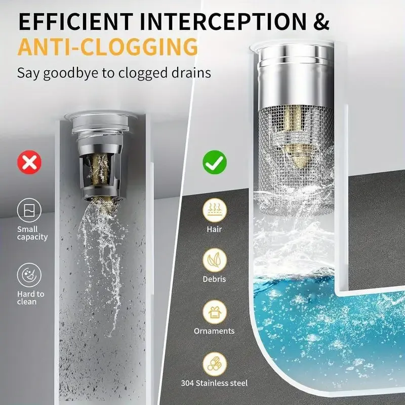 Bonde à panier escamotable pour lavabo de salle de bain, filtre de vidange universel en acier inoxydable avec attrape-cheveux 5