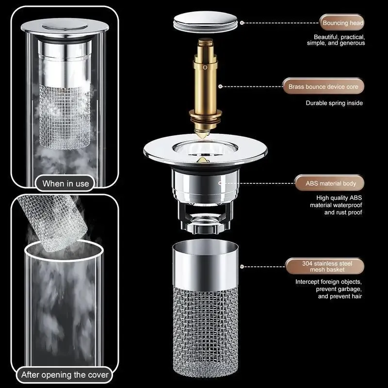 Bonde à panier escamotable pour lavabo de salle de bain, filtre de vidange universel en acier inoxydable avec attrape-cheveux 6