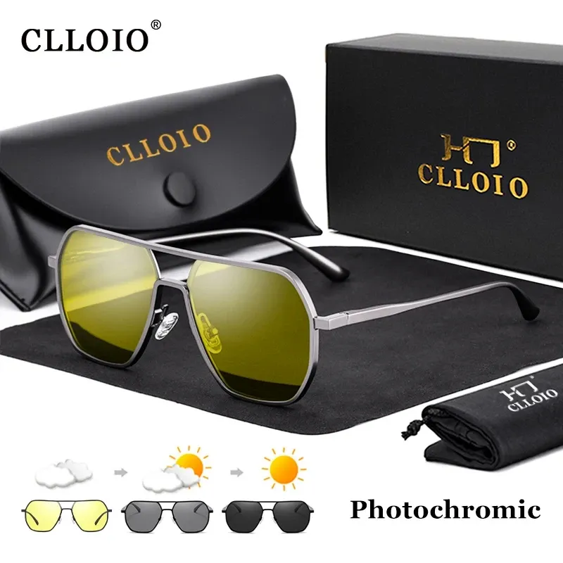 Lunettes de soleil photochromiques polarisées CLLOIO carrées en aluminium, anti-éblouissement, vision jour et nuit, protection UV400, pour hommes et femmes, idéales pour la conduite