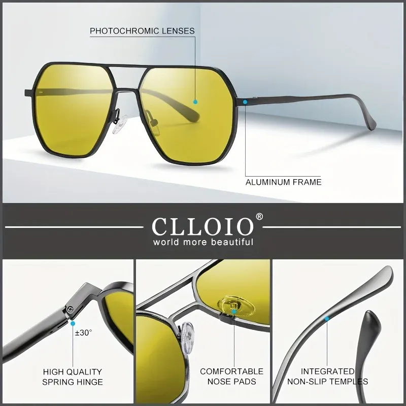Lunettes de soleil photochromiques polarisées CLLOIO carrées en aluminium, anti-éblouissement, vision jour et nuit, protection UV400, pour hommes et femmes, idéales pour la conduite 4