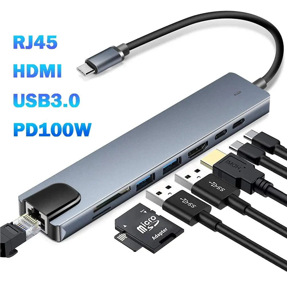 Hub USB 3.0 Type-C vers HDMI 4K 30 Hz, VGA, RJ45 100 Mbps et USB-C PD 100 W, station d'accueil