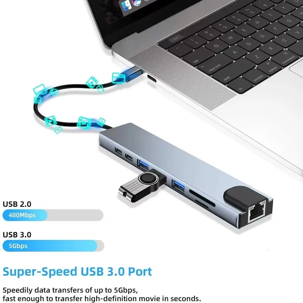 Hub USB 3.0 Type-C vers HDMI 4K 30 Hz, VGA, RJ45 100 Mbps et USB-C PD 100 W, station d'accueil 3