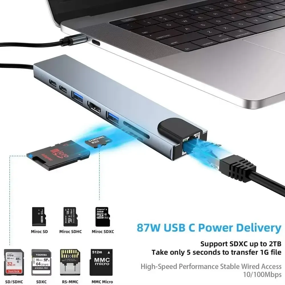 Hub USB 3.0 Type-C vers HDMI 4K 30 Hz, VGA, RJ45 100 Mbps et USB-C PD 100 W, station d'accueil 2