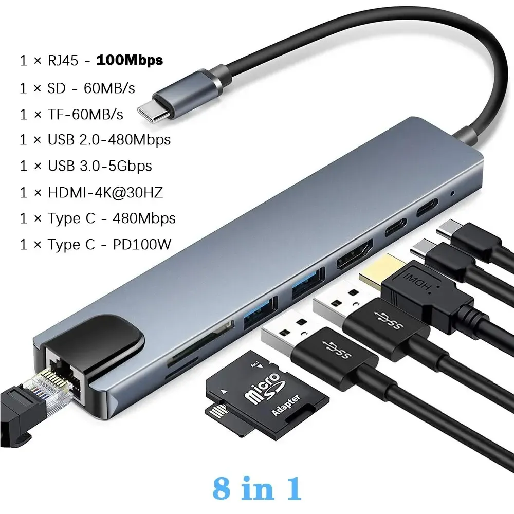 Hub USB 3.0 Type-C vers HDMI 4K 30 Hz, VGA, RJ45 100 Mbps et USB-C PD 100 W, station d'accueil 5
