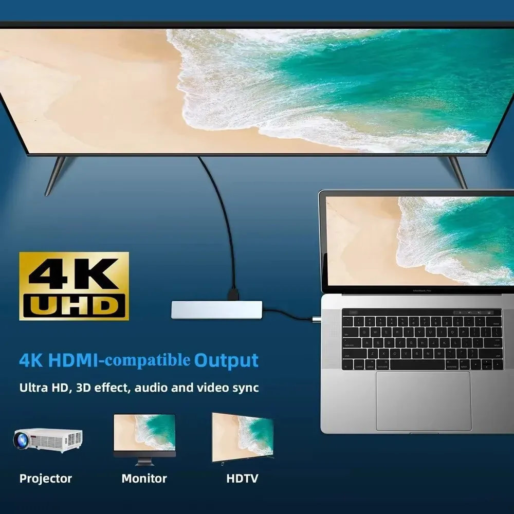 Hub USB 3.0 Type-C vers HDMI 4K 30 Hz, VGA, RJ45 100 Mbps et USB-C PD 100 W, station d'accueil 4