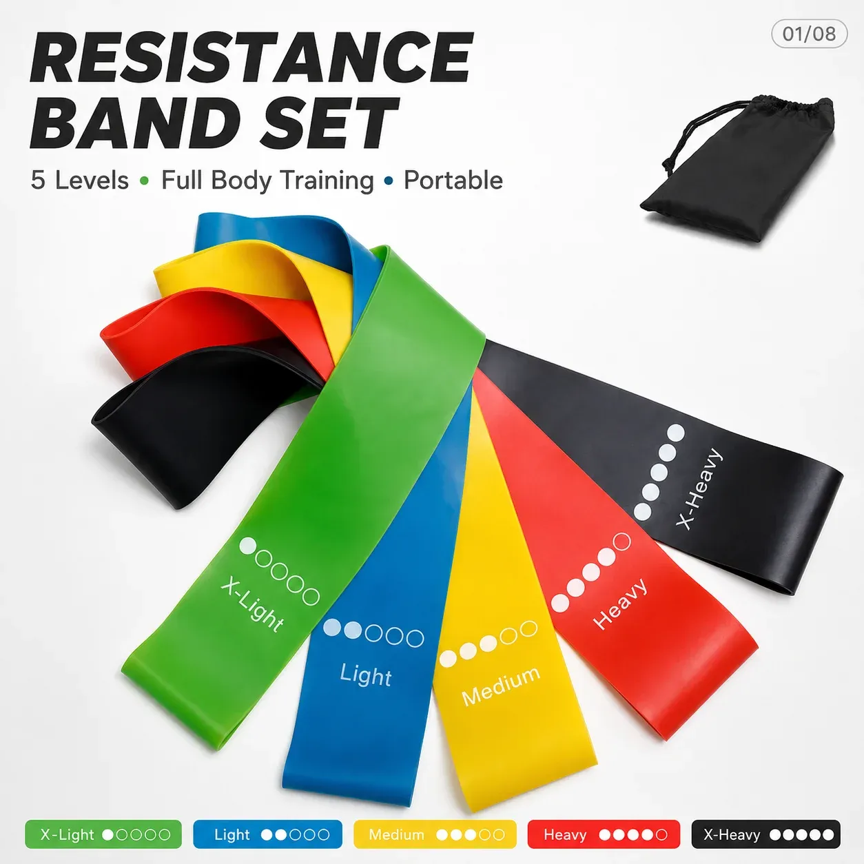 Ensemble de 5 bandes de résistance en latex pour l'entraînement à domicile et en salle, avec sac de transport - Image 1