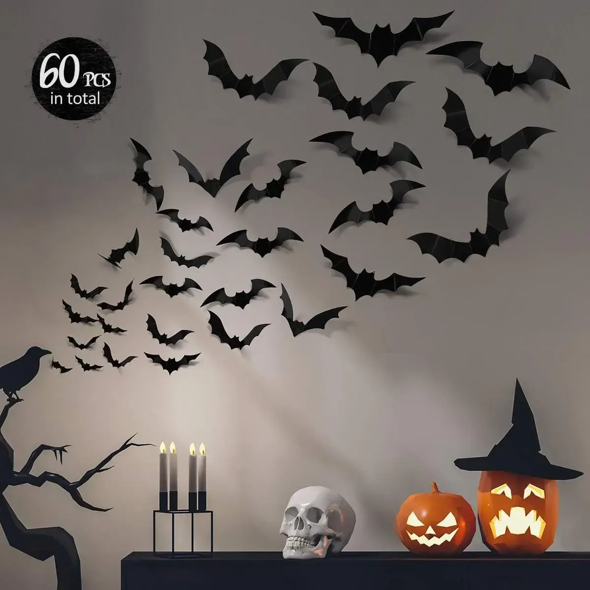 Ensemble de 12 stickers muraux 3D chauve-souris pour décoration d'Halloween, à placer sur meubles, fenêtres et extérieur 2