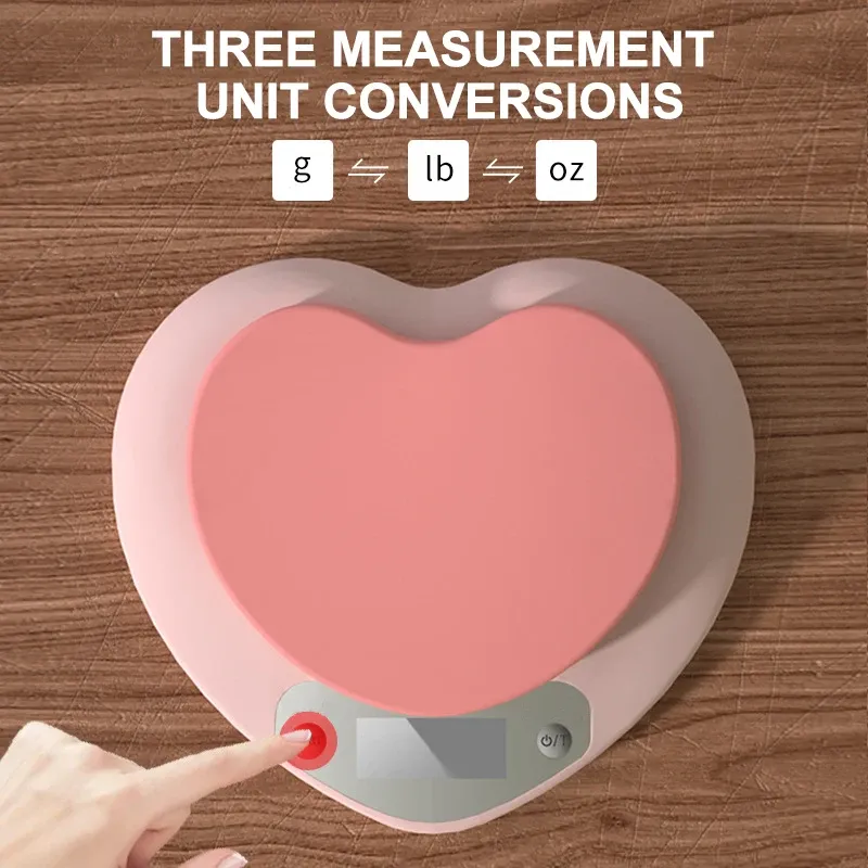 Balance de cuisine numérique portable en forme de cœur, rose, haute précision, 5 kg/1 g et 3 kg/0,1 g, écran LCD 3