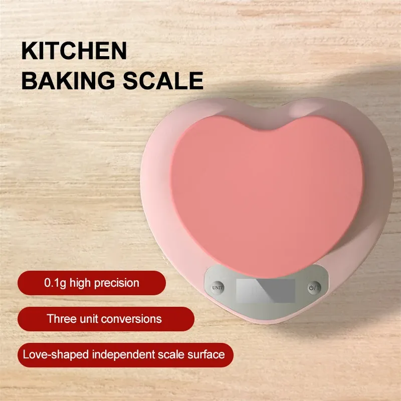Balance de cuisine numérique portable en forme de cœur, rose, haute précision, 5 kg/1 g et 3 kg/0,1 g, écran LCD 5