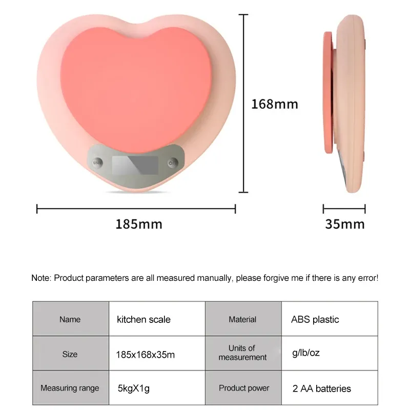 Balance de cuisine numérique portable en forme de cœur, rose, haute précision, 5 kg/1 g et 3 kg/0,1 g, écran LCD 6