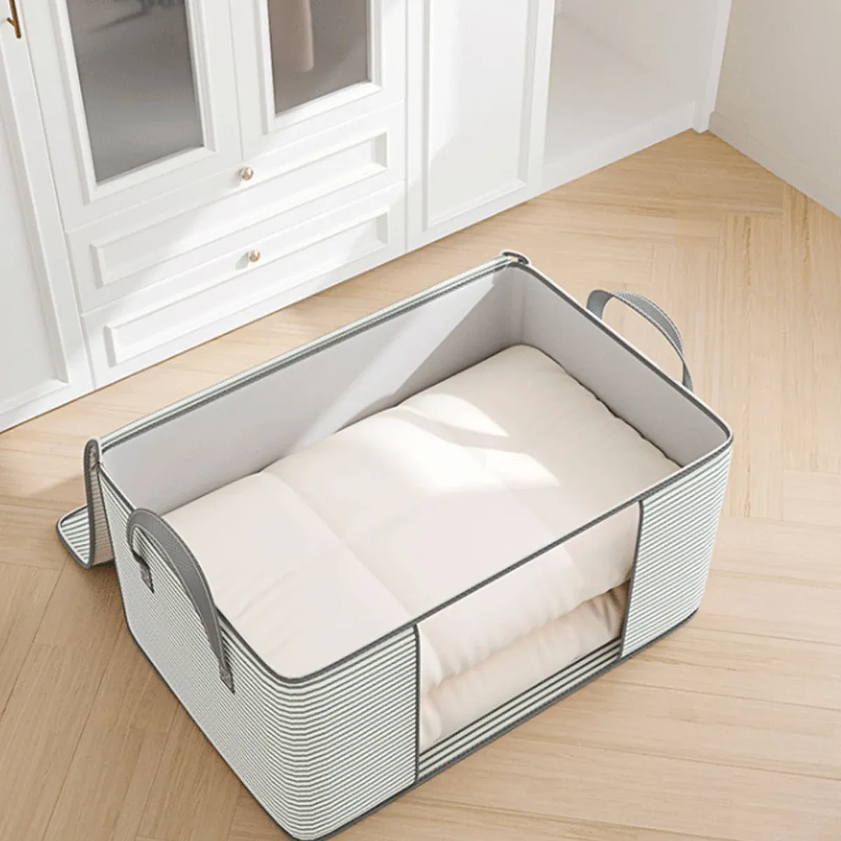 Boîte de rangement transparente de grande capacité, organisateur portable pour vêtements avec poignées, conteneur pliable anti-poussière à fermeture éclair pour couette 2