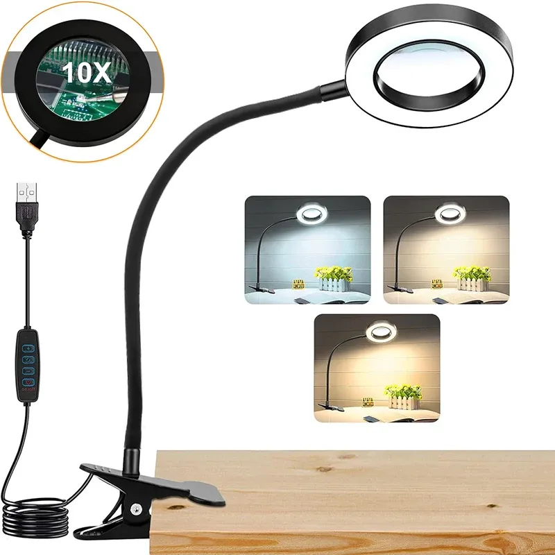 Loupe 10X avec éclairage LED 3 couleurs, lampe de bureau à pince métallique et col de cygne flexible pour l'art des ongles