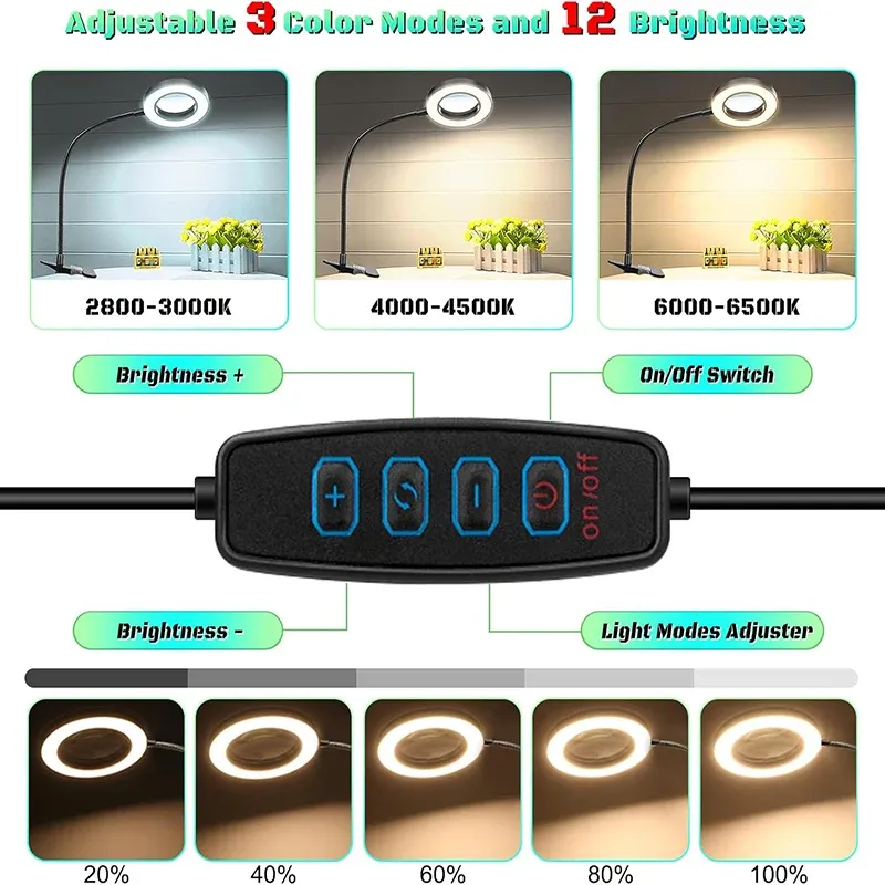 Loupe 10X avec éclairage LED 3 couleurs, lampe de bureau à pince métallique et col de cygne flexible pour l'art des ongles 3
