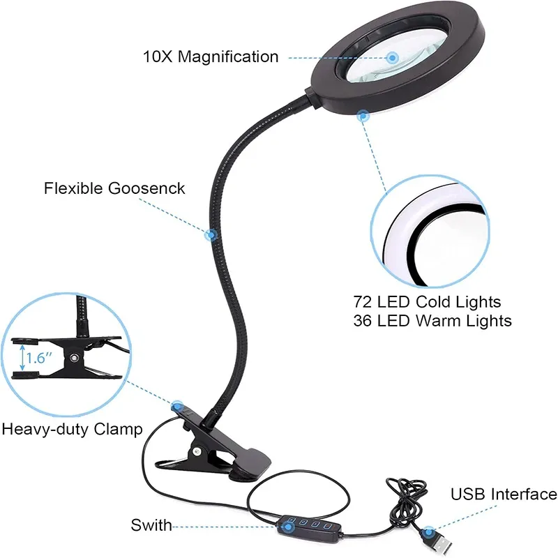 Loupe 10X avec éclairage LED 3 couleurs, lampe de bureau à pince métallique et col de cygne flexible pour l'art des ongles 6