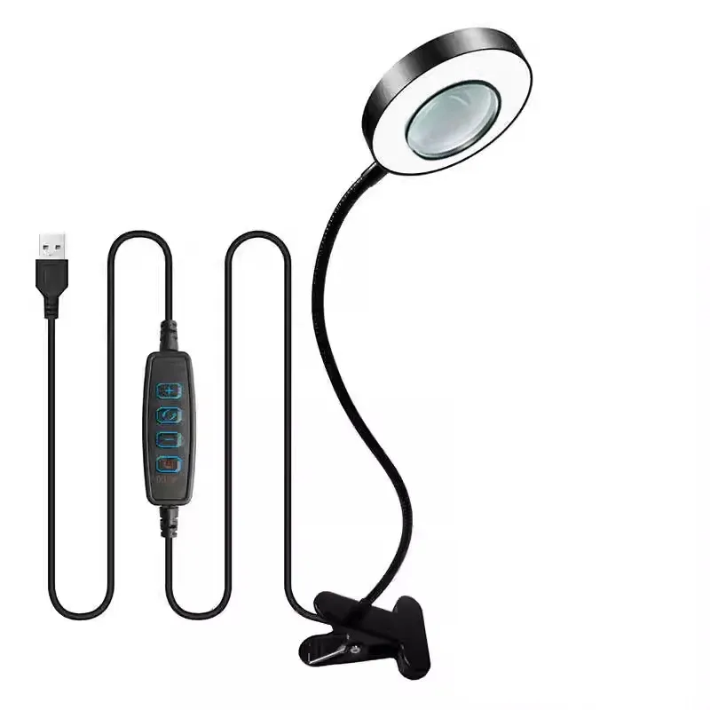 Loupe 10X avec éclairage LED 3 couleurs, lampe de bureau à pince métallique et col de cygne flexible pour l'art des ongles 8