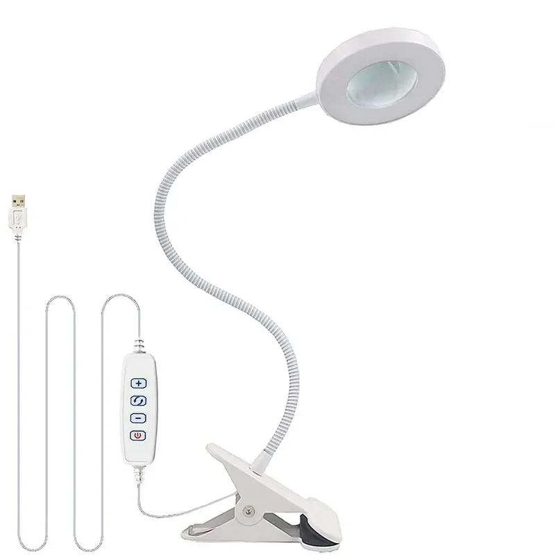 Loupe 10X avec éclairage LED 3 couleurs, lampe de bureau à pince métallique et col de cygne flexible pour l'art des ongles 7