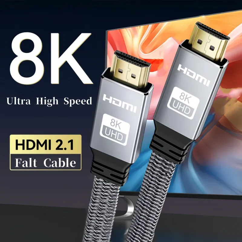 Câble HDMI plat 8K, 48 Gbps, haute vitesse, 8K60, 4K120, 144 Hz, câble HDMI 2.1 tressé, 3D, eARC, HDCP 2.2 et 2.3, compatible Roku TV et PS5