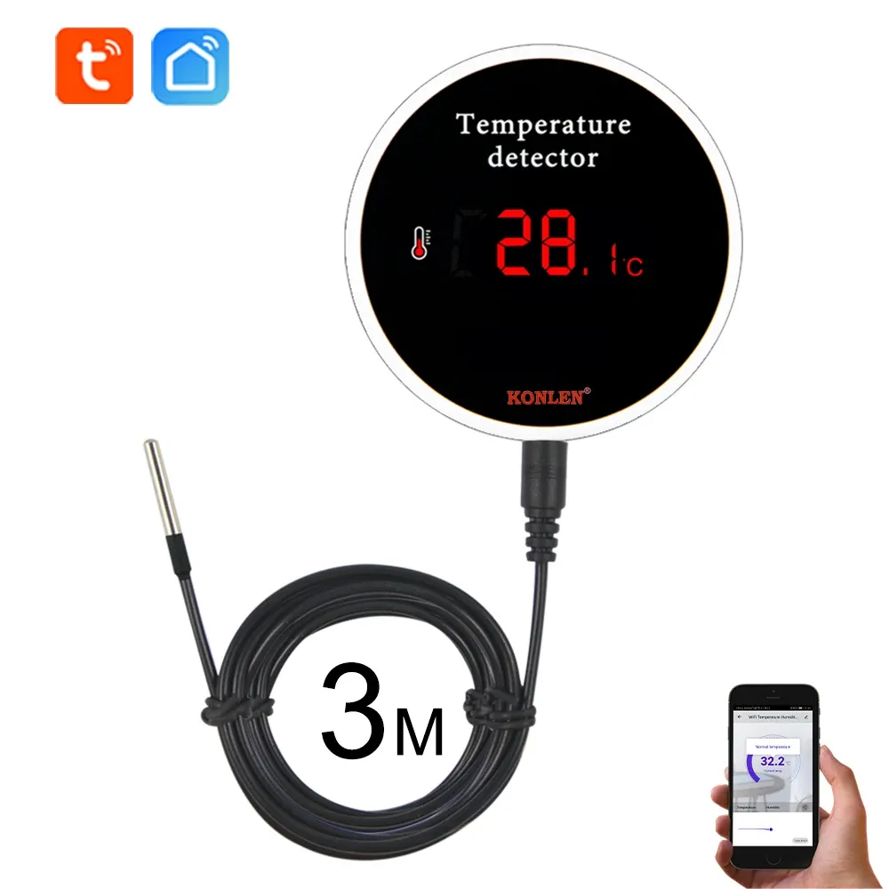 Capteur de température Wi-Fi KONLEN Tuya avec sonde filaire numérique 3 m, compatible Smart Life, thermomètre connecté pour maison intelligente, idéal pour piscine, thermostat et alarme à distance - Image 1