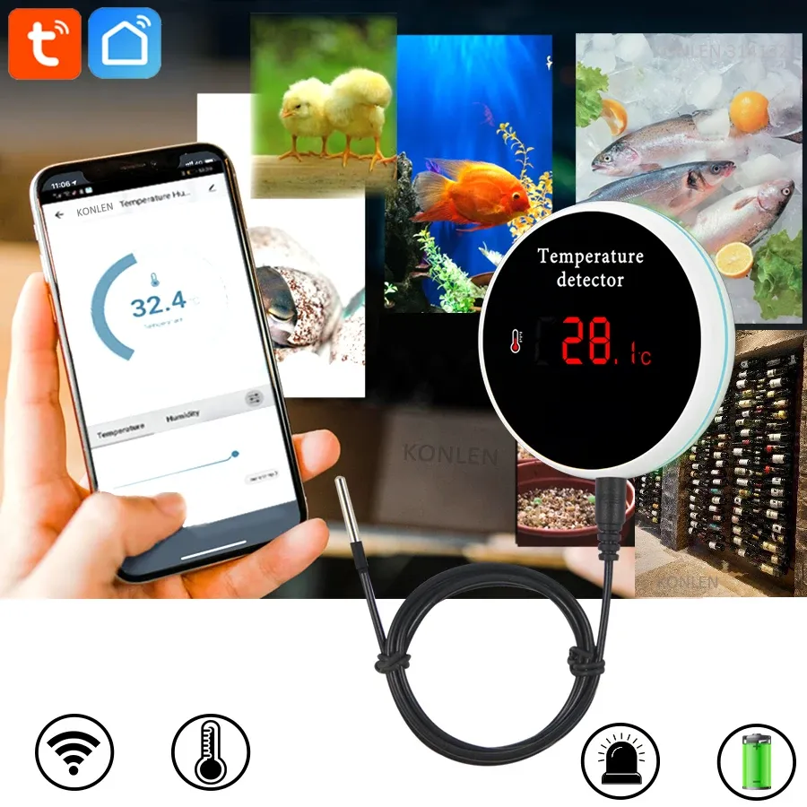 Capteur de température Wi-Fi KONLEN Tuya avec sonde filaire numérique 3 m, compatible Smart Life, thermomètre connecté pour maison intelligente, idéal pour piscine, thermostat et alarme à distance 2