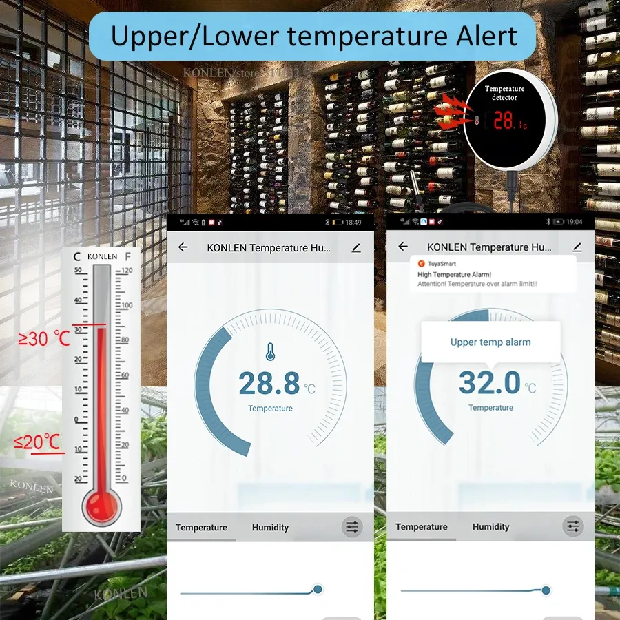 Capteur de température Wi-Fi KONLEN Tuya avec sonde filaire numérique 3 m, compatible Smart Life, thermomètre connecté pour maison intelligente, idéal pour piscine, thermostat et alarme à distance 4