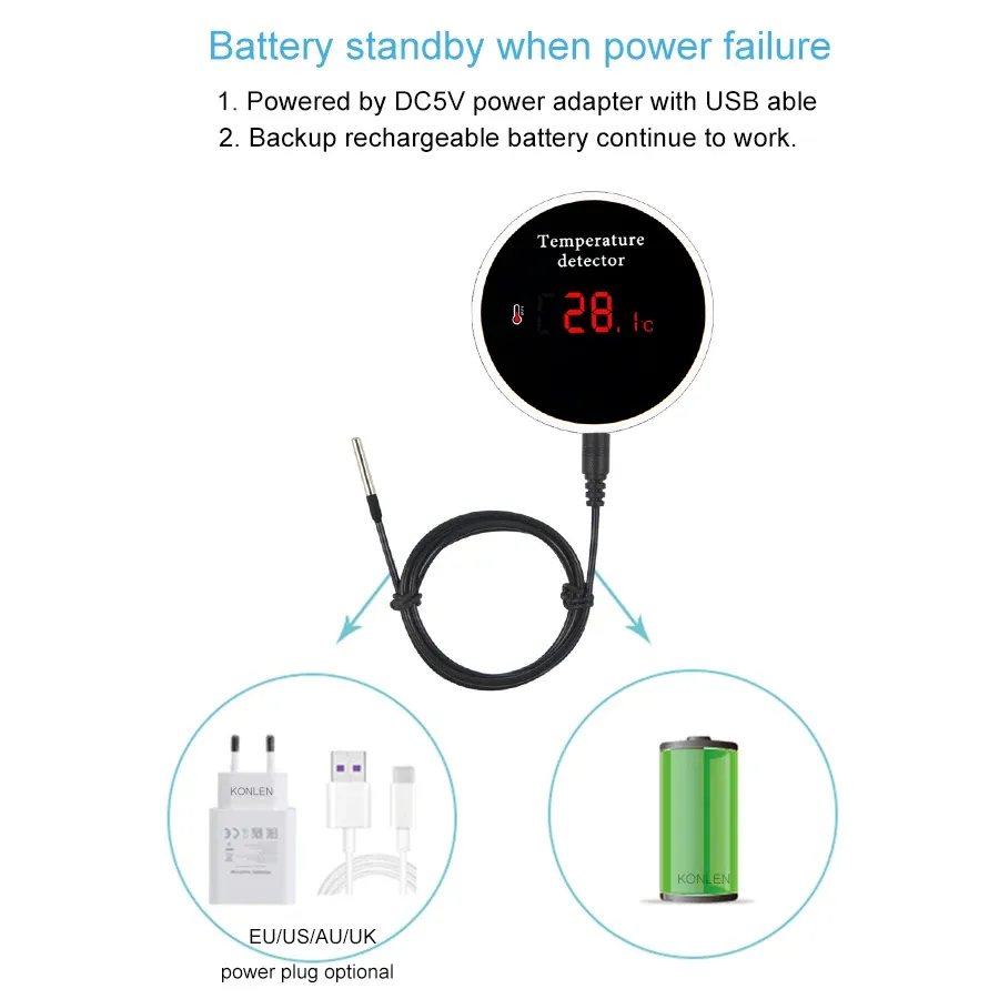 Capteur de température Wi-Fi KONLEN Tuya avec sonde filaire numérique 3 m, compatible Smart Life, thermomètre connecté pour maison intelligente, idéal pour piscine, thermostat et alarme à distance 5