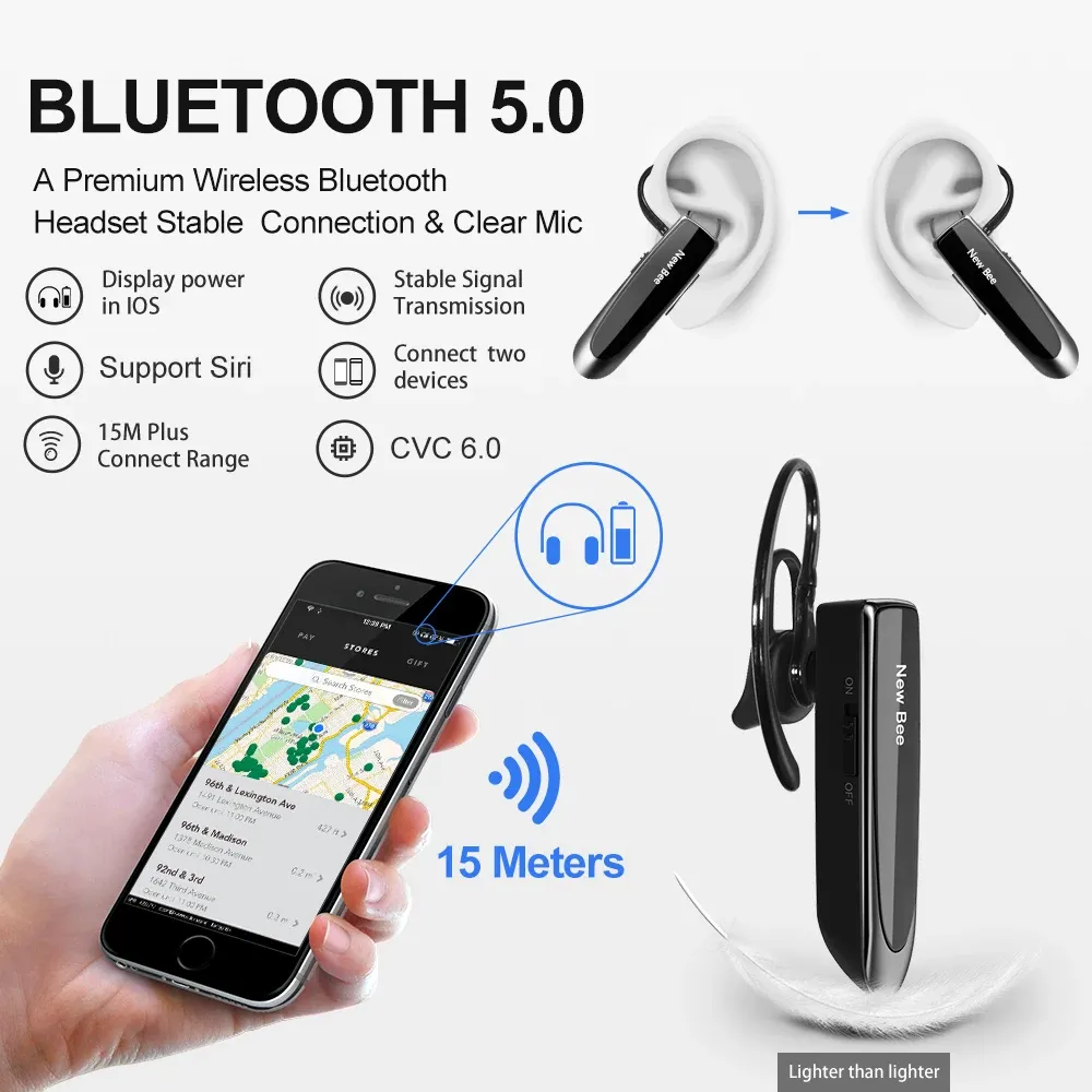 Casque Bluetooth sans fil Nouveau Bee V5.0 avec micro, écouteurs Mini mains libres, autonomie 24 heures, idéal pour la conduite et les déplacements professionnels 3