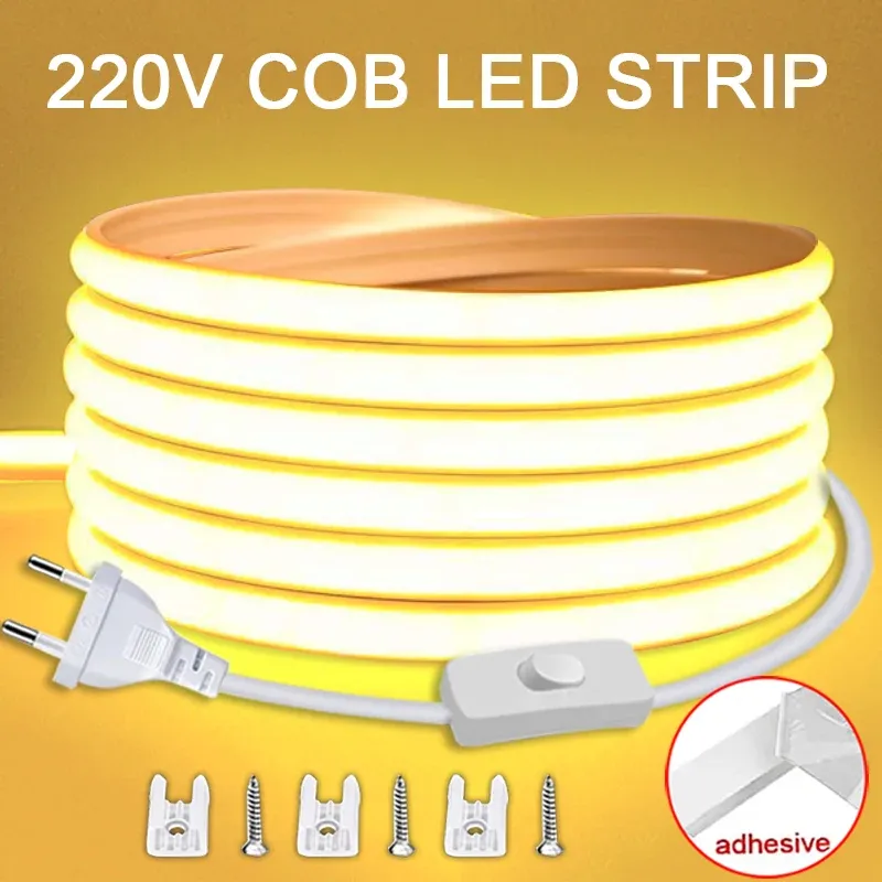 Ruban LED COB étanche 220 V avec interrupteur marche/arrêt, éclairage flexible pour chambre, cuisine et jardin