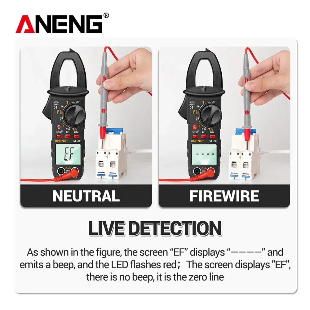 Pince ampèremétrique numérique ANENG ST180 AC, 4000 points, multimètre avec testeur de tension, ampèremètre, mesure de fréquence (Hz), capacité, détection sans contact (NCV) et résistance (Ohm), outil automobile 4