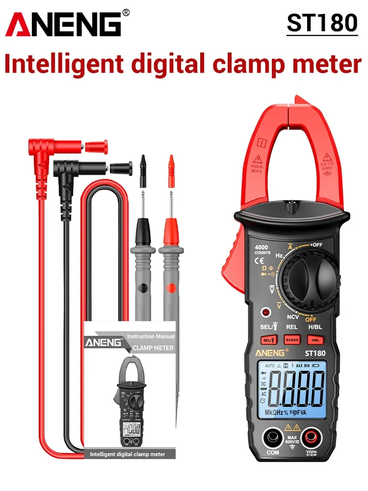 Pince ampèremétrique numérique ANENG ST180 AC, 4000 points, multimètre avec testeur de tension, ampèremètre, mesure de fréquence (Hz), capacité, détection sans contact (NCV) et résistance (Ohm), outil automobile 10