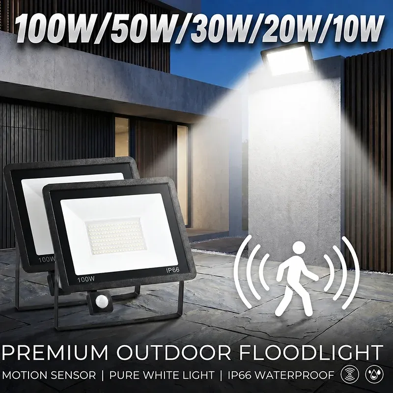 Projecteur LED extérieur à détecteur de mouvement IP66 étanche, 10 W à 100 W, éclairage de sécurité économe en énergie - Image 1