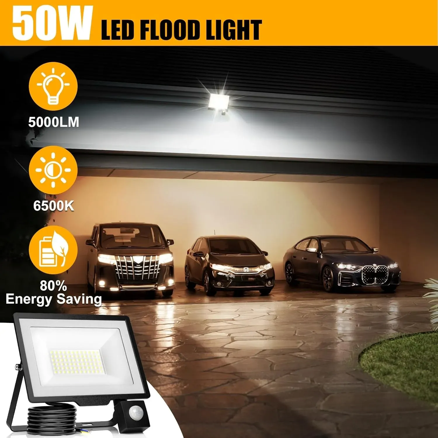 Projecteur LED extérieur à détecteur de mouvement IP66 étanche, 10 W à 100 W, éclairage de sécurité économe en énergie 6