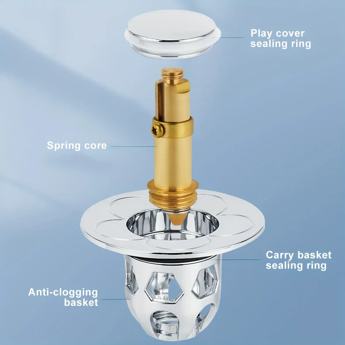 Bouchon de lavabo pop-up en acier inoxydable avec panier anti-colmatage et filtre de vidange à poussoir facile 5