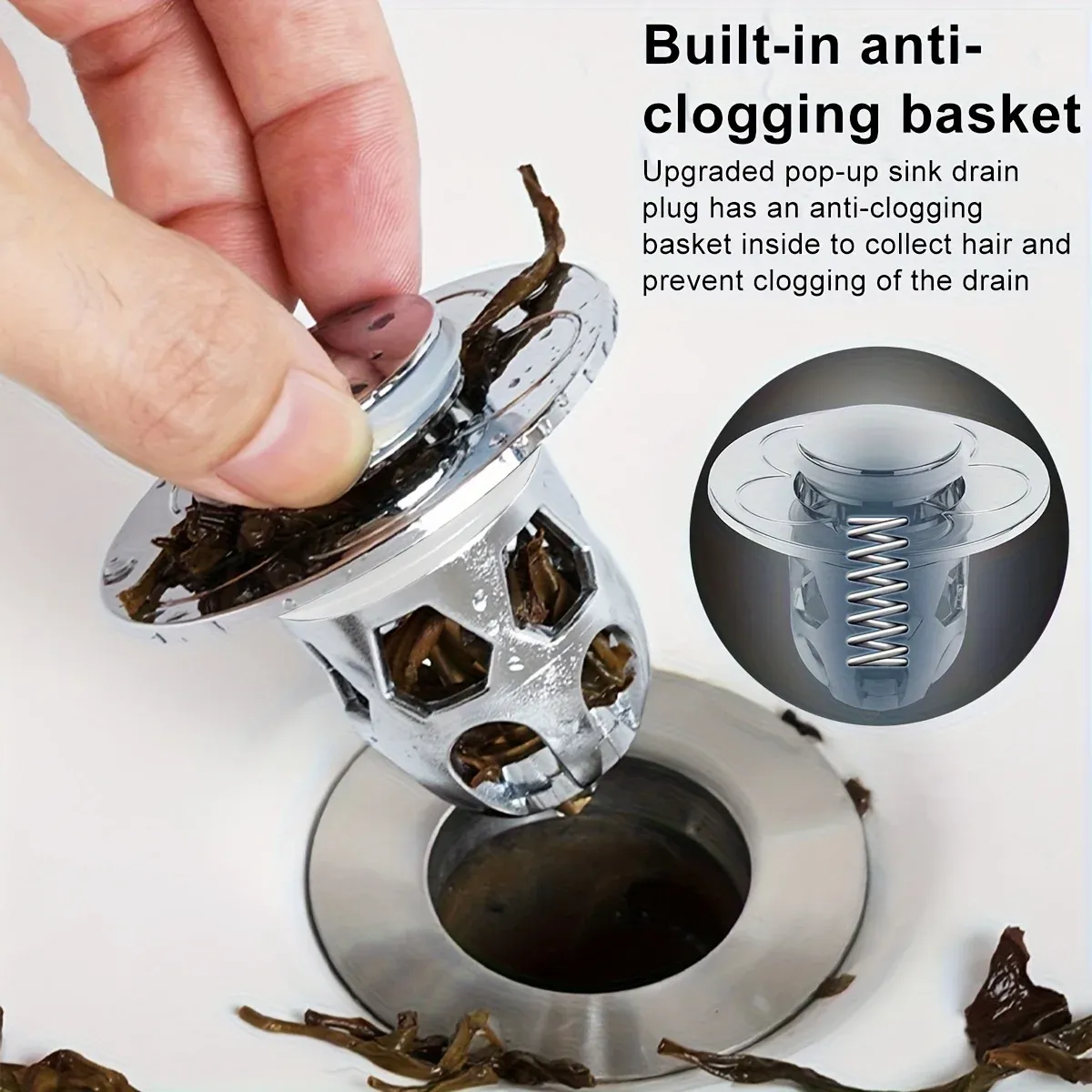 Bouchon d'évier escamotable en acier inoxydable avec panier anti-colmatage
