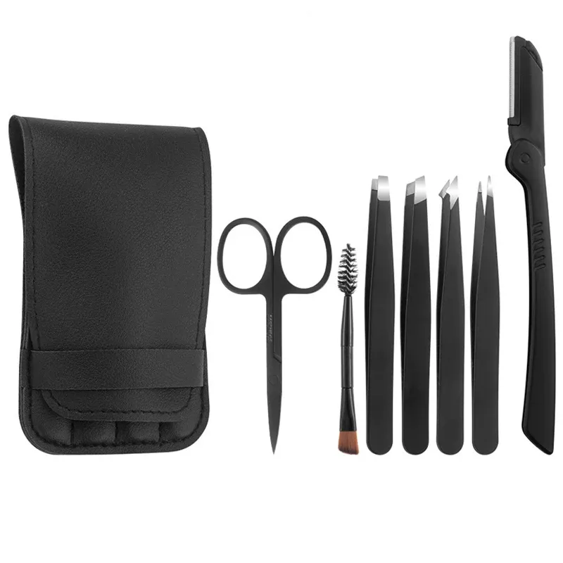 Kit professionnel de toilettage des sourcils : pince en acier inoxydable, rasoir, brosse et étui en cuir à couvercle rabattable 1