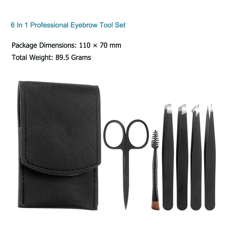 Kit professionnel de toilettage des sourcils : pince en acier inoxydable, rasoir, brosse et étui en cuir à couvercle rabattable 2