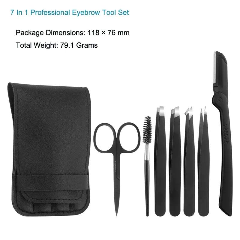 Kit professionnel de toilettage des sourcils : pince en acier inoxydable, rasoir, brosse et étui en cuir à couvercle rabattable 3