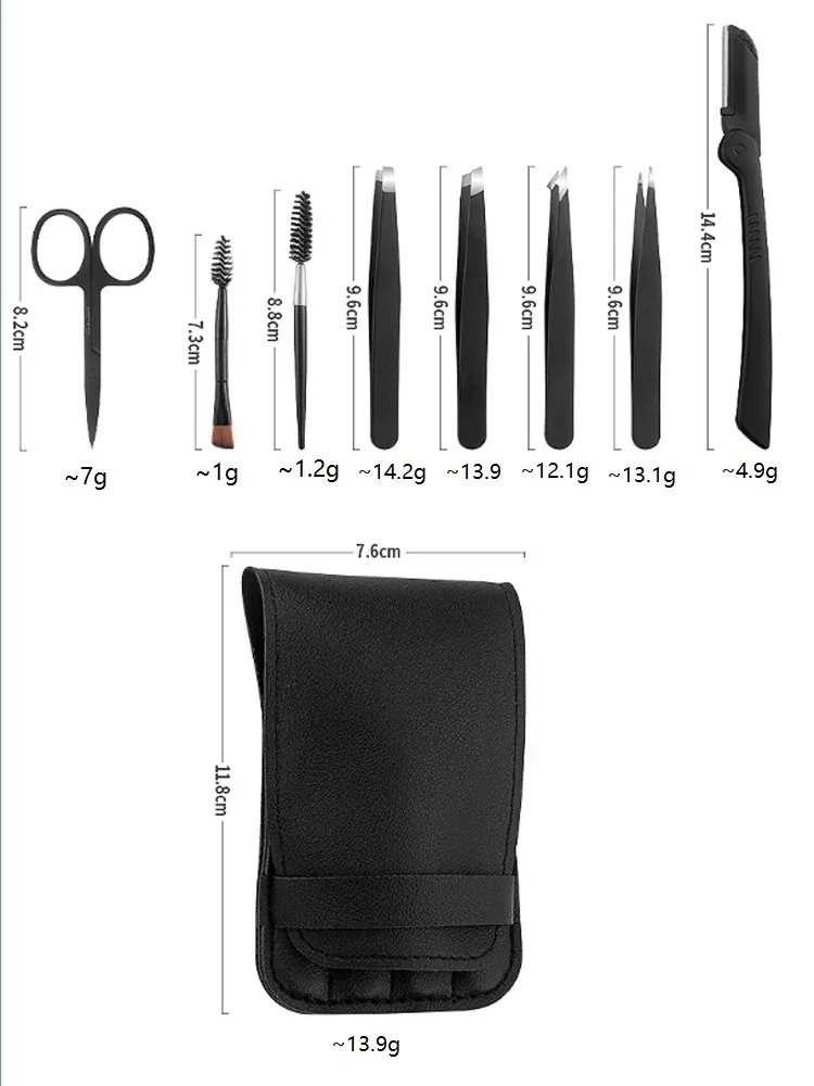 Kit professionnel de toilettage des sourcils : pince en acier inoxydable, rasoir, brosse et étui en cuir à couvercle rabattable 5
