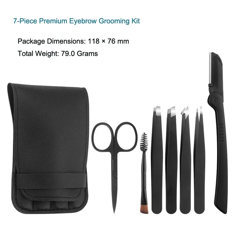 Kit professionnel de toilettage des sourcils : pince en acier inoxydable, rasoir, brosse et étui en cuir à couvercle rabattable 10
