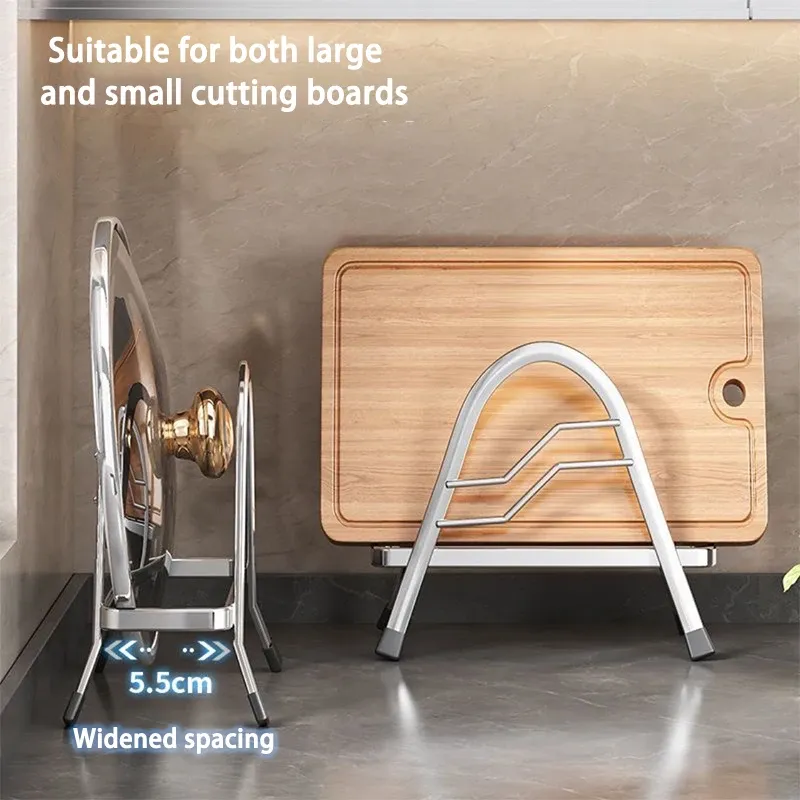 Étagère de cuisine en acier inoxydable avec support pour planche à découper et range-couvercles 3