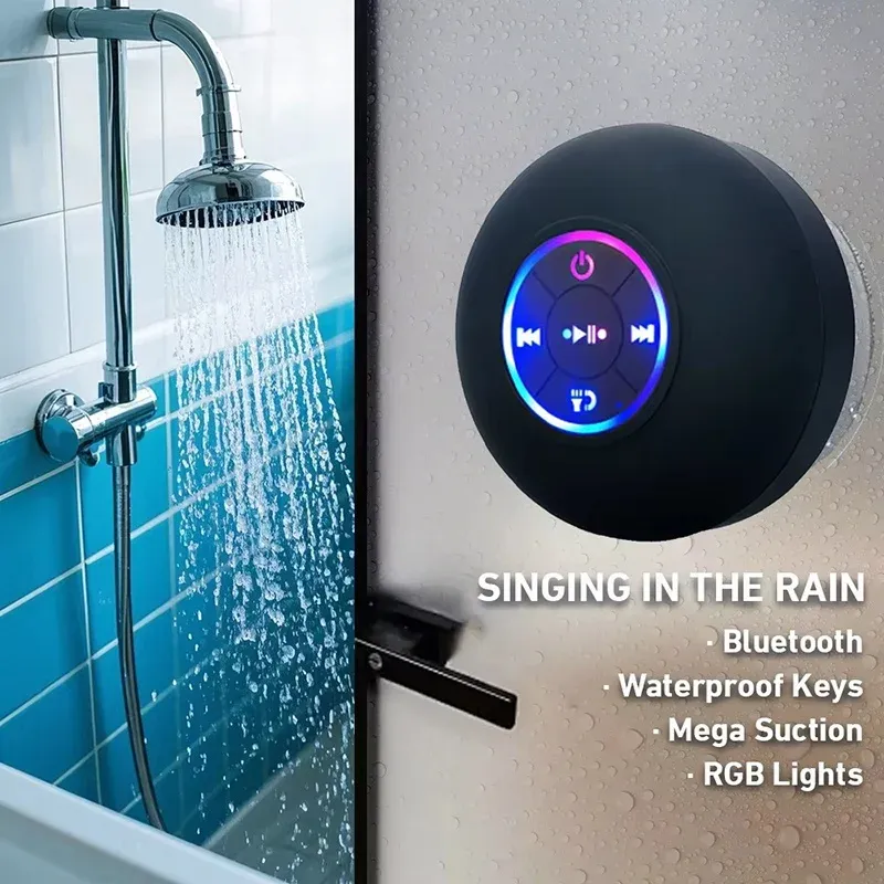 Haut-parleur Bluetooth portable sans fil avec éclairage LED, certifié IPX4, avec ventouse, idéal pour la salle de bain et l'extérieur, graves 3D
