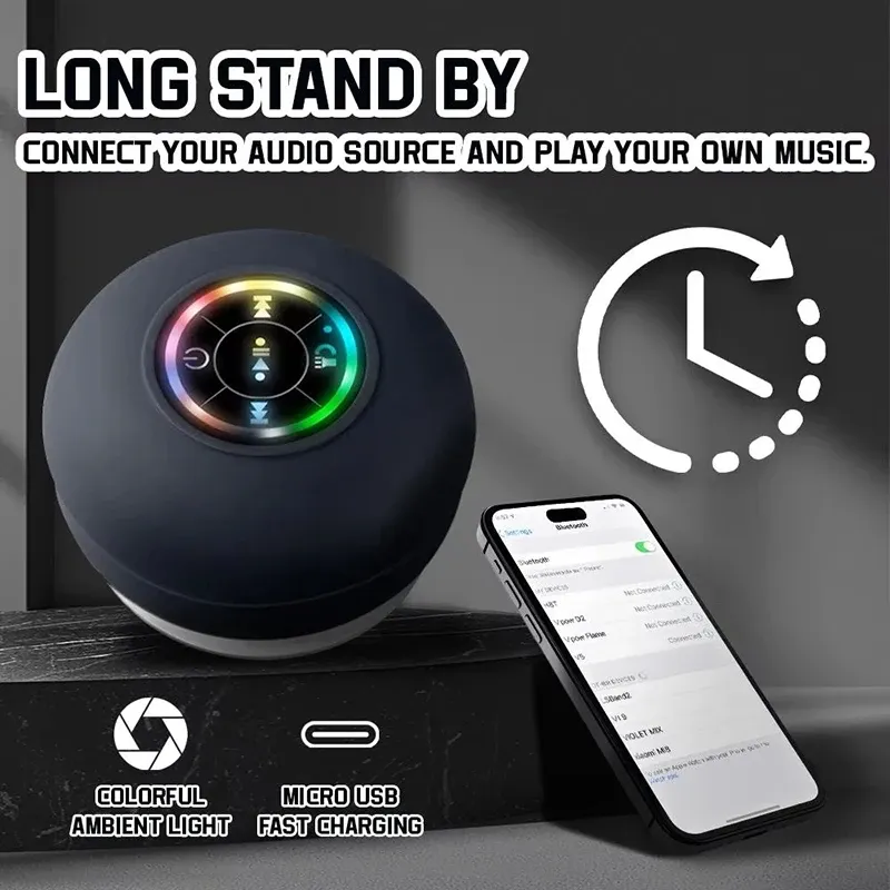 Haut-parleur Bluetooth portable sans fil avec éclairage LED, certifié IPX4, avec ventouse, idéal pour la salle de bain et l'extérieur, graves 3D 2