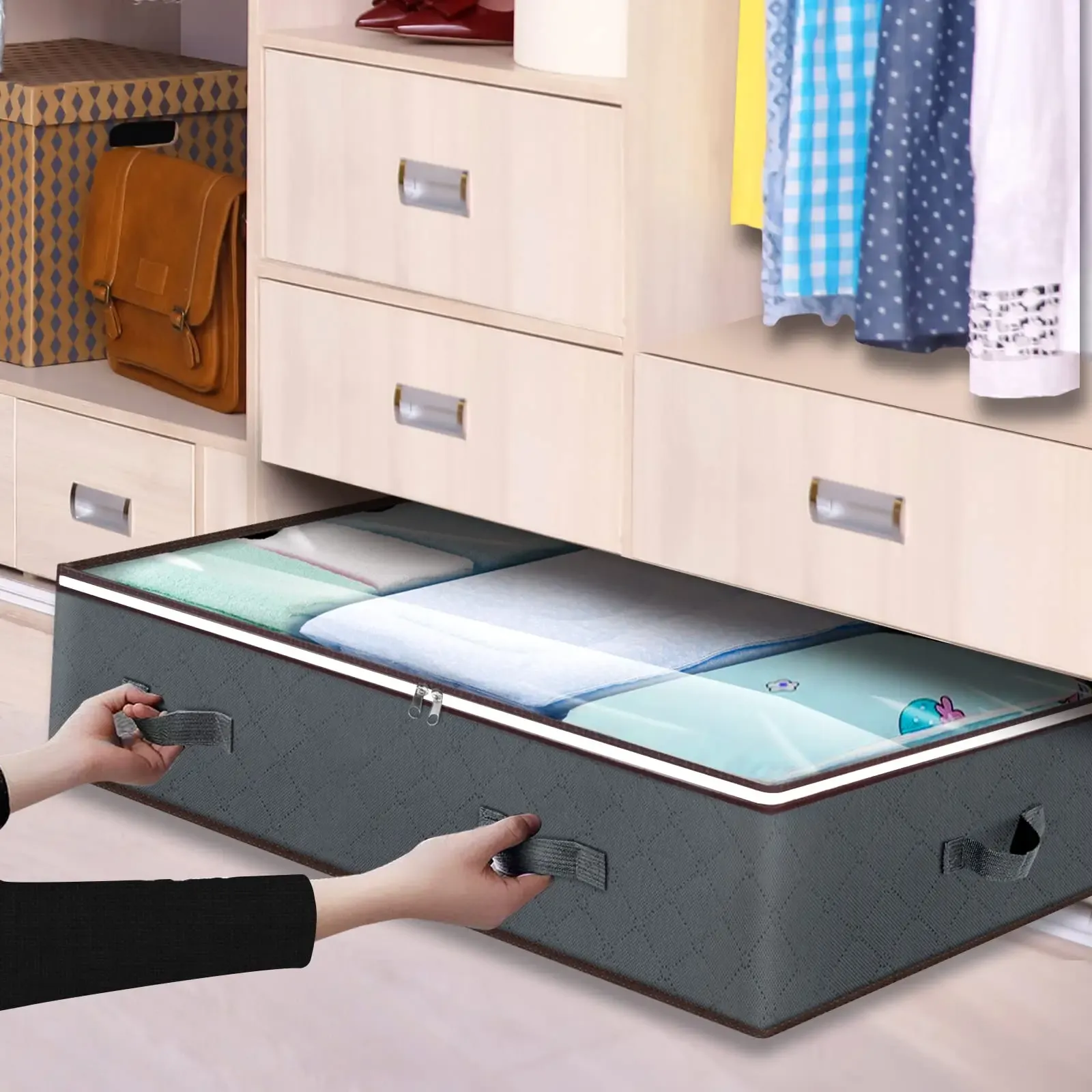 Conteneurs de rangement pliables sous le lit à fenêtre transparente, avec organisateurs de jouets et sacs de rangement pour vêtements 14
