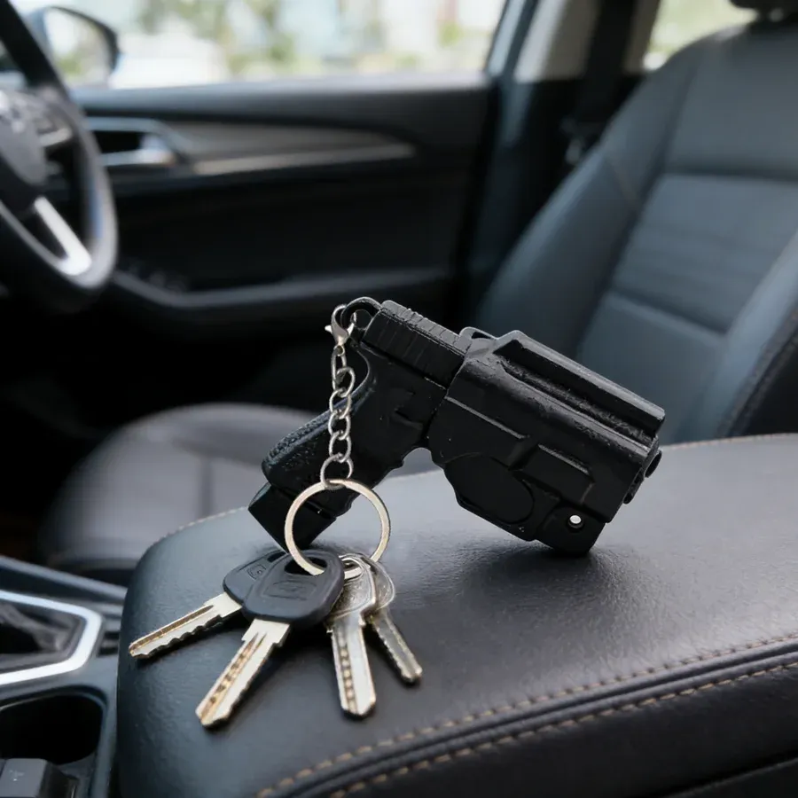 Porte-clés mini pistolet avec étui, présentation produit