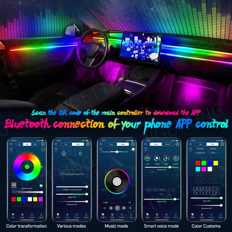 Bandeau LED RVB d'ambiance pour intérieur de voiture, 64 couleurs, bande acrylique dissimulée 6