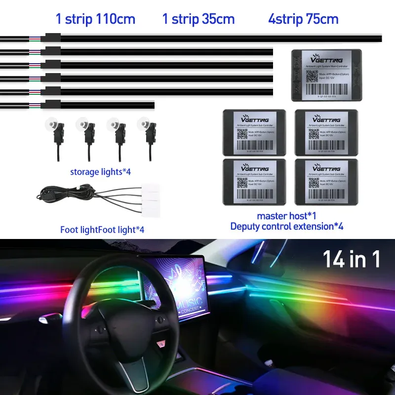 Bandeau LED RVB d'ambiance pour intérieur de voiture, 64 couleurs, bande acrylique dissimulée 7